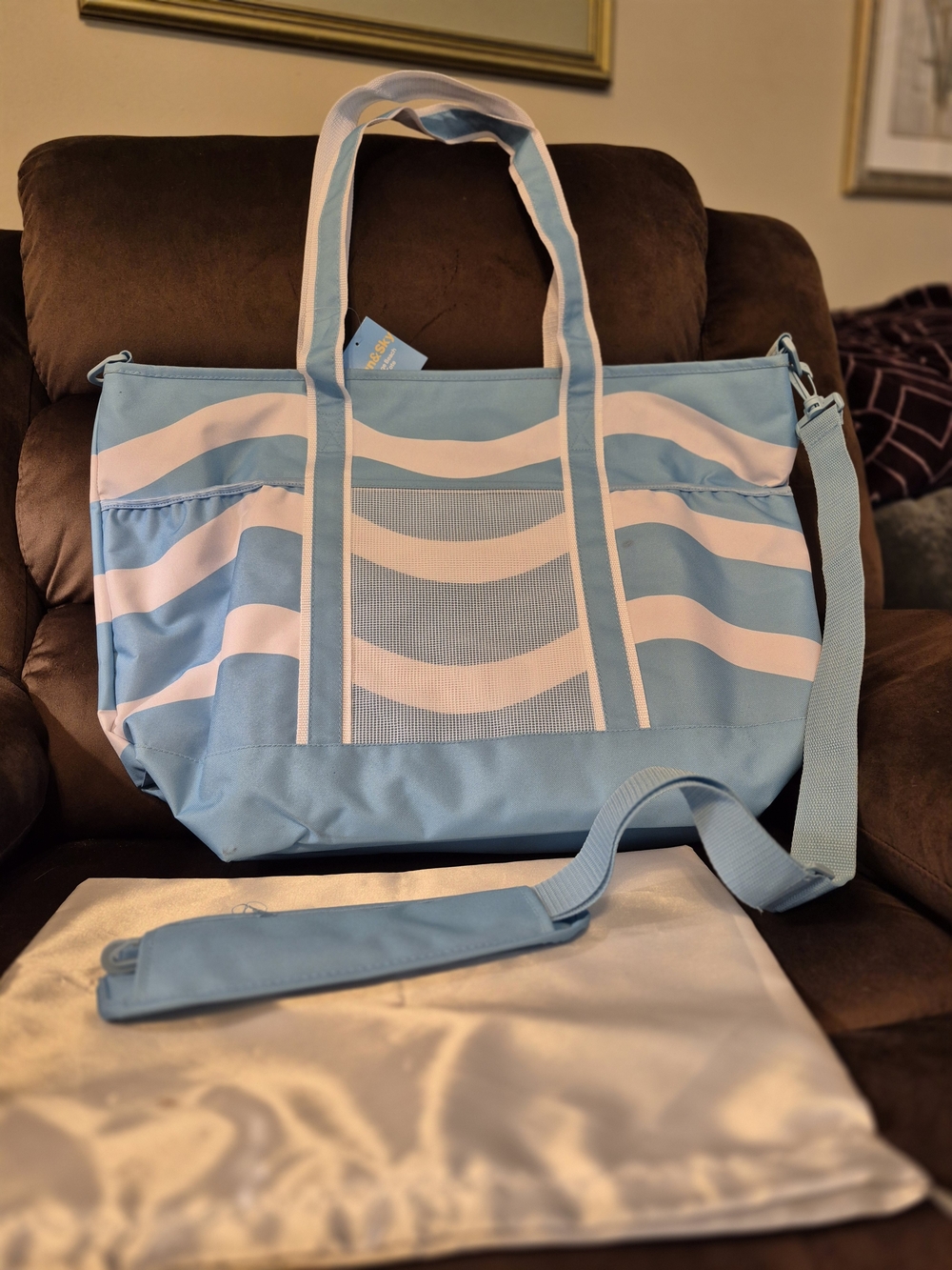 Light Blue & White Striped Women's Tote Bag with Adjustable Strap